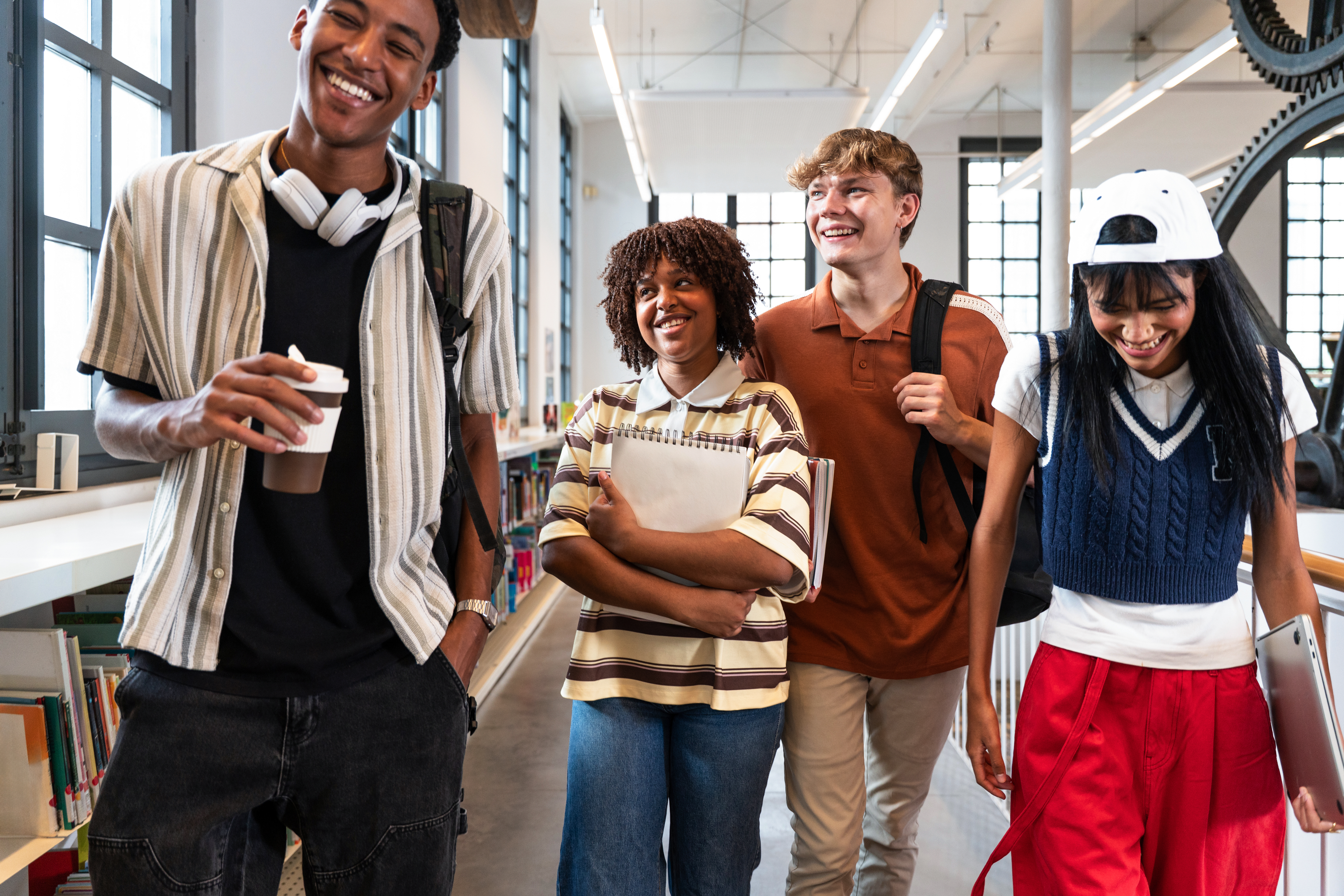Diverse group of high school students walking through a library