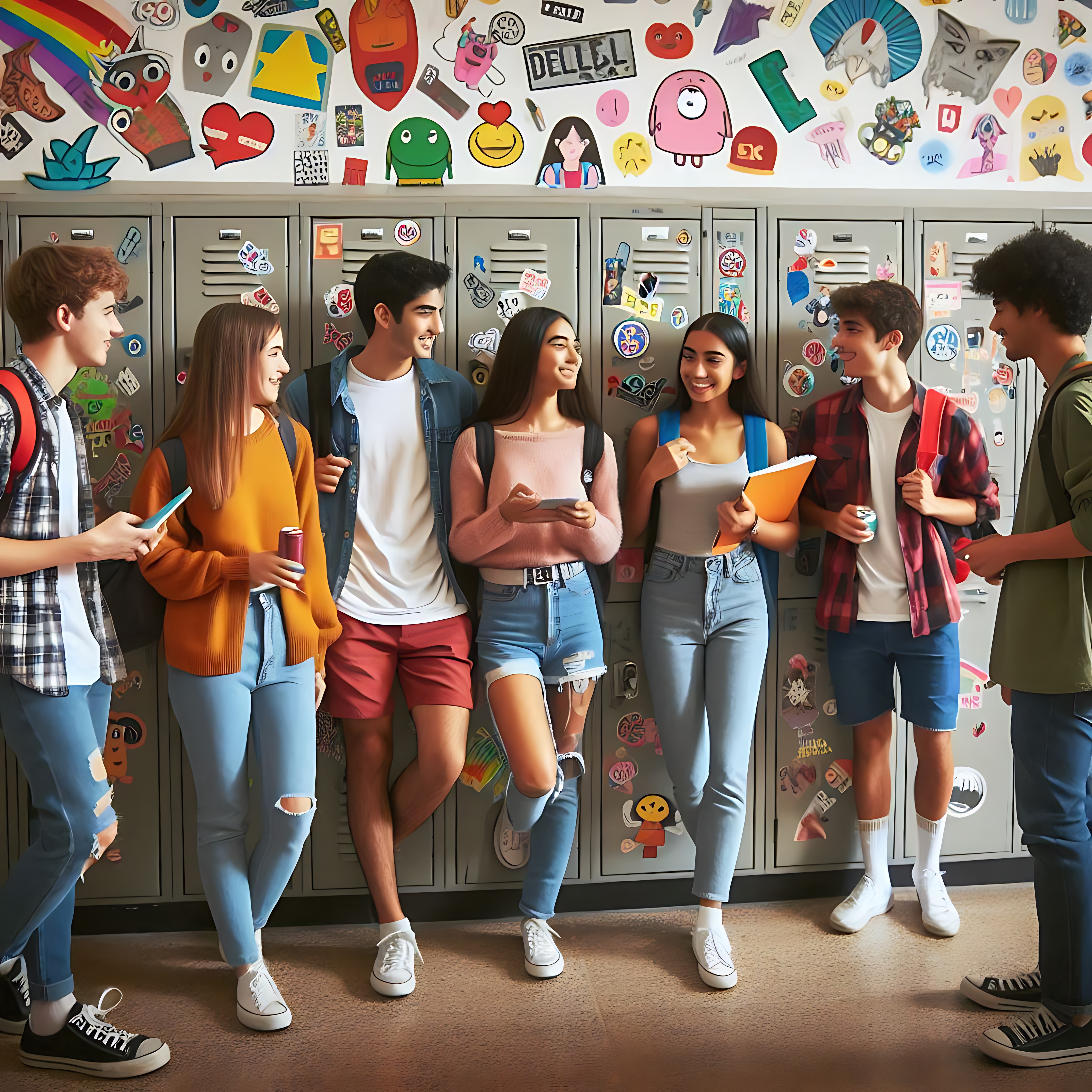 Diverse group of high school students talking by lockers